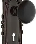 Victorian Plate Privacy Door Hardware With Black Porcelain Knob And Keyhole 2.375 Inch Backset Solid Brass Timeless Bronze Finish