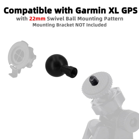 Rugged Aluminum Ball Head Mount Adapter With 17mm And 22mm Sizing, 1/4 Inch Female Thread, showing compatibility with GPS mounts.