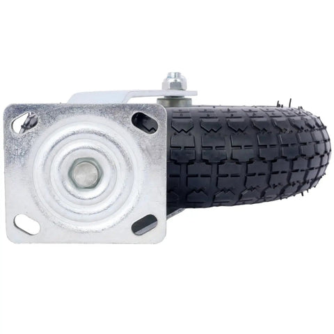 Four Pack Of Black Pneumatic Caster Wheels Combining 12 Inch Ribbed Tires And Precision Ball Bearings, showing wheel and steel hub.
