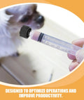 30 Pack Black Syringe Caps For Lab Use, Tight Fit PP Caps With Easy Dispensing, Leak-Proof Design, Precise Tip Caps And Stoppers For Industrial And Scientific Applications. Black cap on syringe held in hand near a pet for dispensing.