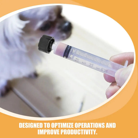 30 Pack Black Syringe Caps For Lab Use, Tight Fit PP Caps With Easy Dispensing, Leak-Proof Design, Precise Tip Caps And Stoppers For Industrial And Scientific Applications. Black cap on syringe held in hand near a pet for dispensing.