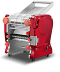 LEONEBEBE Electric Pasta Maker For Home Use Commercial Dough Sheeter with red stainless steel design, dual cutter, and adjustable thickness.
