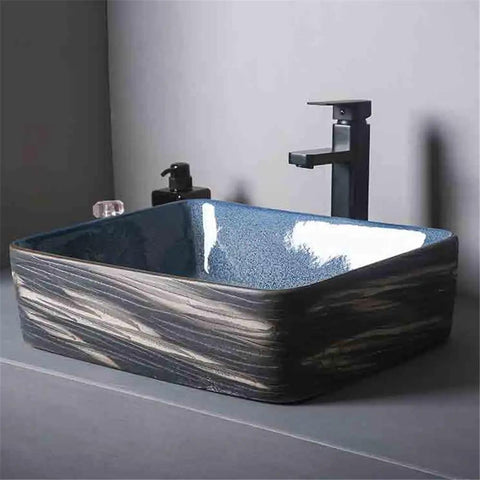 UYTROPLK Bathroom Vessel Sink Small Oval Ceramic Outdoor Indoor Bathroom Vintage Pedestal Basin with Accessories Patio Washbasin Bathroom Sink in elegant blue finish.