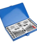 Super Durable 40 Piece Alloy Steel Tap And Die Set For Garage Repair With Metric NPT Taps Dies Wrenches Gauge Hand Threading Kit M3 To Max Size blue case open with taps, dies and wrench
