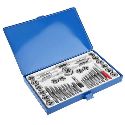 Super Durable 40 Piece Alloy Steel Tap And Die Set For Garage Repair With Metric NPT Taps Dies Wrenches Gauge Hand Threading Kit M3 To Max Size blue case open with taps, dies and wrench
