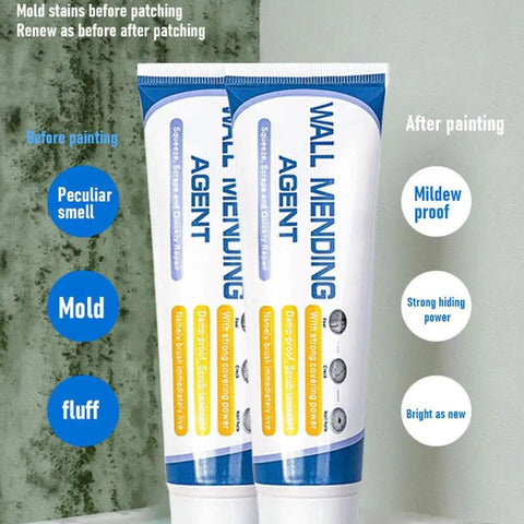Two tubes of Wall Mending Agent, highlighting mildew proof and strong hiding power, with mold and fluff repair