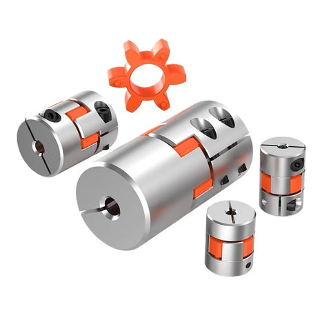 Heavy Duty Flexible Plum Shaft Coupling Made From Anodized Aluminum For CNC Motors And Encoders With Vib Absorbing Clamping, multiple sizes visible.