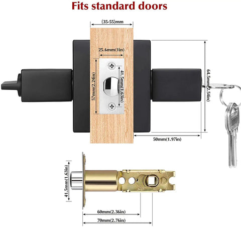 Heavy Duty Front Door Lever Handle Set With Lock In Matte Black, dimensions and lock detail shown, zinc alloy construction.