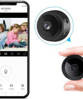Woman holding Tiny WiFi Spy Camera With Night Vision, Ultra Small Hidden Nanny Cam for Home and Office, next to phone app showing live feed.