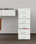 Heavy Duty Six Drawer Metal File Cabinet With Smooth Ball Bearings Slick White Rolling Filing Cabinet For Home Office next to a modern desk.