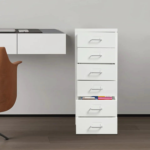 Heavy Duty Six Drawer Metal File Cabinet With Smooth Ball Bearings Slick White Rolling Filing Cabinet For Home Office next to a modern desk.