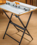 Rock Solid Router Table Kit With Powder Coated Steel Stand And Smooth Phenolic Plate Crafts precise edges on a stable table.