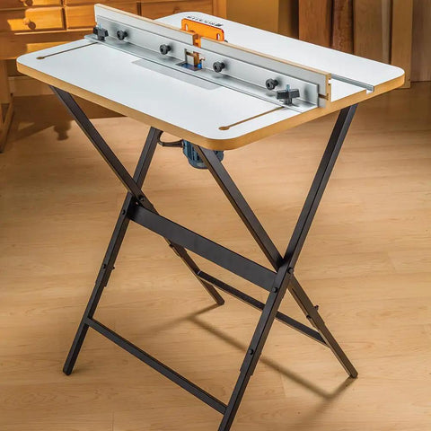 Rock Solid Router Table Kit With Powder Coated Steel Stand And Smooth Phenolic Plate Crafts precise edges on a stable table.