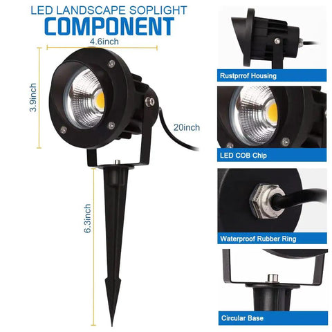 20W Led Outdoor Landscape Spotlight Kit With Stake Waterproof 12V To 24V AC DC Low Voltage Garden Lighting For Trees And Flags Ultra Warm 3000K 4 Pack with components shown
