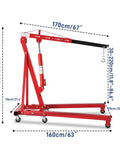 2 Ton Foldable Engine Hoist Cherry Picker For Auto Repair And Garage Work Heavy Duty Hydraulic Lift With Telescopic Boom 4400 Lb Capacity 6 Swivel Casters Portable Shop Crane in red, dimensions labeled