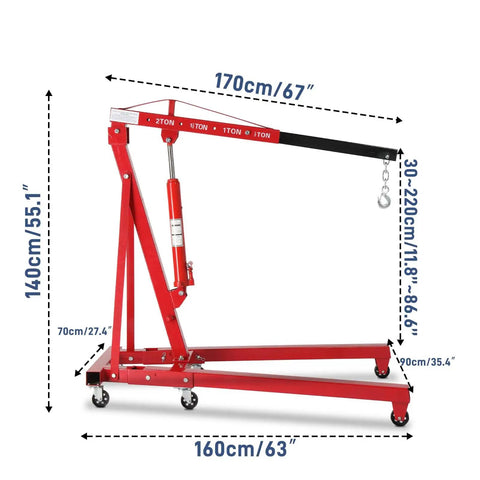 2 Ton Foldable Engine Hoist Cherry Picker For Auto Repair And Garage Work Heavy Duty Hydraulic Lift With Telescopic Boom 4400 Lb Capacity 6 Swivel Casters Portable Shop Crane in red, dimensions labeled