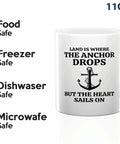 11oz White Coffee Mug Land Is Where We Sip Gift For Boaters And Sailors Funny Lake Life Glass Cup For Boat Captains And Crew Anniversary Gift For Him Her featuring anchor design and safety icons