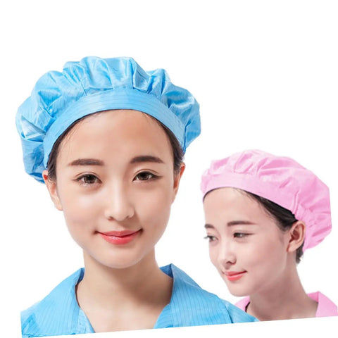 Four Pack Pro Grade Anti Static Workshop Hats For Adults Heavy Duty Polyester Cleanroom Caps Zero Lint Dustproof Safety Gear For The Daily Grind In White Pink Yellow worn by women in blue and pink.