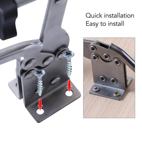 Close-up of installed 4 Pack Stainless Steel Toggle Clamp Set With Anti Slip Rubber Tips, Horizontal Clamp for assembly use.