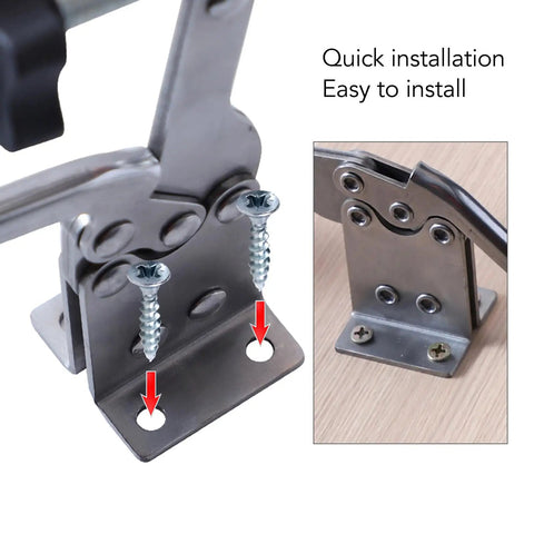 Heavy Duty Quick Release Toggle Clamp For Woodworking And Welding, showing installation details with screws on the mounting base.