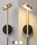 Two In One Plug In Or Hardwired Industrial Gold Brass Wall Sconces with Adjustable Metal Arm Dual Pack for Bedrooms Hallways Entryway Kitchen and Living Areas, shown on and off