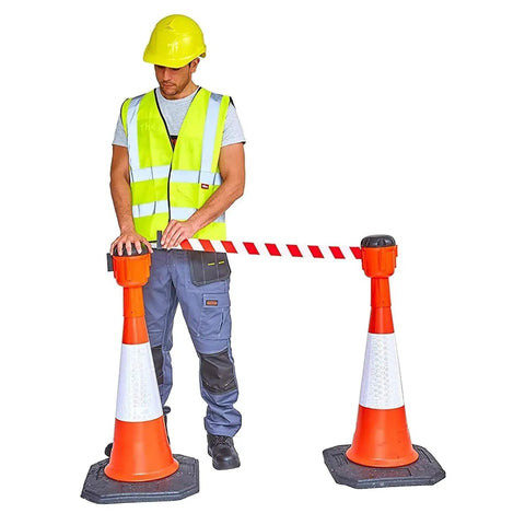 Hassle Free Retractable Safety Belt Barrier System With High Visibility Diagonal Tape And Heavy Duty Braided Webbing For Traffic Cones And Pro Venue Management