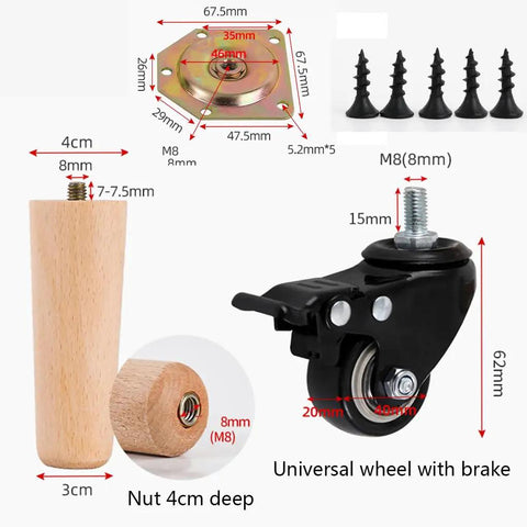 4 Pack Round Solid Wood Furniture Legs With Wheels And Brakes 65cm Tall Replacement Sofa Cabinet And Bed Feet components.