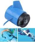 Close-up of 5000KV RC Underwater Thruster with 60mm propeller for RC boats and submarines, blue casing, showcasing high-speed capability.