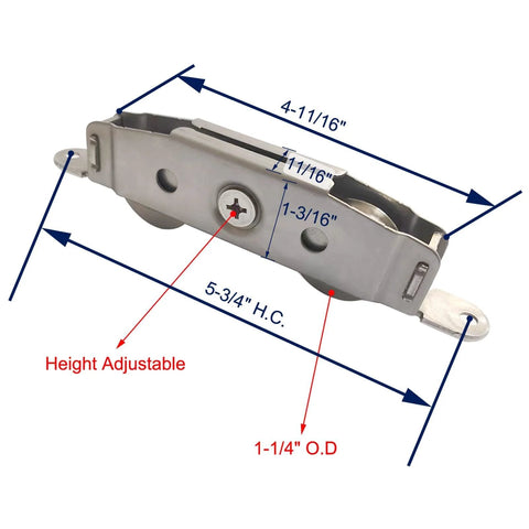 Heavy Duty 304 Stainless Steel Patio Door Roller Assembly With One And One Quarter Inch Wheels Height Adjustable Replacement For Sliding Glass Doors 2 Pack Supports Up To 300 Lbs Durable Roller System For Smooth Easy Gliding with dimensions labeled