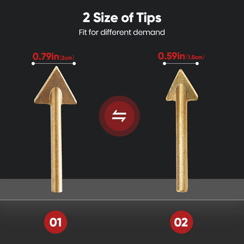 Two sizes of welder tips for 100W Plastic Welding Kit with Soldering Tips Rapid Heat Up In Minutes, shown side by side with measurements.