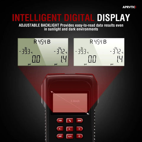 All In One HVAC Digital Manifold Gauge Kit With 112 Refrigerants display showing readings for R454B