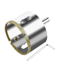 2-1/4in diamond hole saw with pilot bit; silver cutter with diamond edge and hex wrench