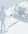 Person using Wireless Winch Remote Kit For 12V DC Trucks, ATVs, And SUVs to control front-mounted winch from 10 ft away