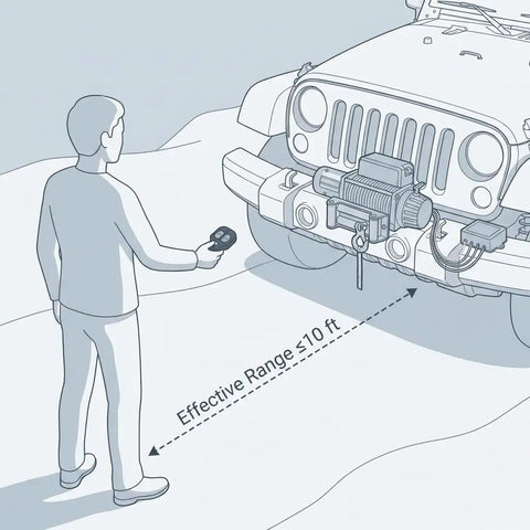 Person using Wireless Winch Remote Kit For 12V DC Trucks, ATVs, And SUVs to control front-mounted winch from 10 ft away