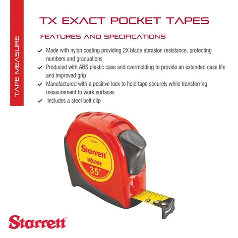 Retractable Imperial Pocket Tape Measure With Nylon Coating And Self Adjusting End Hook, Steel Belt Clip, 1 Inch Wide By 35 Feet Long, Heavy Duty ABS Case With Overmolded Grip, Durable Pro Grade Tool, Model KTX1-35-N shown on product packaging