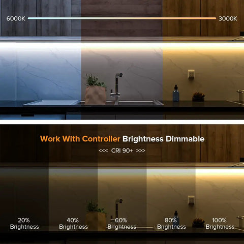 FCOB COB LED Strip Tunable 3000K To 6000K UL Listed 24V 16.4 Ft 640 LEDs Per Meter CRI 90 Plus kitchen dimmable lighting