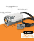 Detailed view of M motor with measurements from 5 In 1 Motor Kit For Stud Building Blocks With High Torque Motors Remote Control Ready To Roll Battery Box.