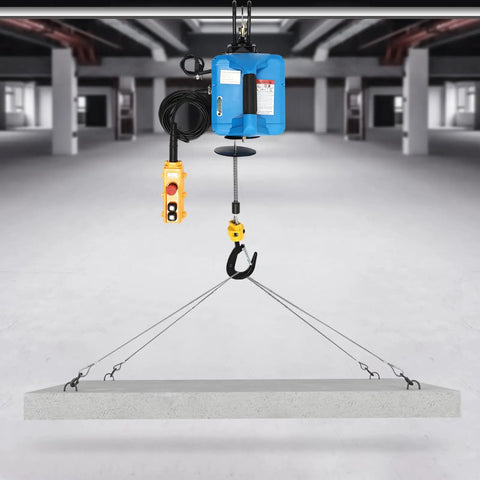 Heavy Duty Electric Hoist With 1100 Lb Capacity And 1500W Motor hanging concrete slab, featuring a blue body and yellow remote.