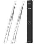 Two Pack 12 Inch Cooking Tweezers Tongs With Precision Serrated Tips Stainless Steel Chef Tweezers and packaging box