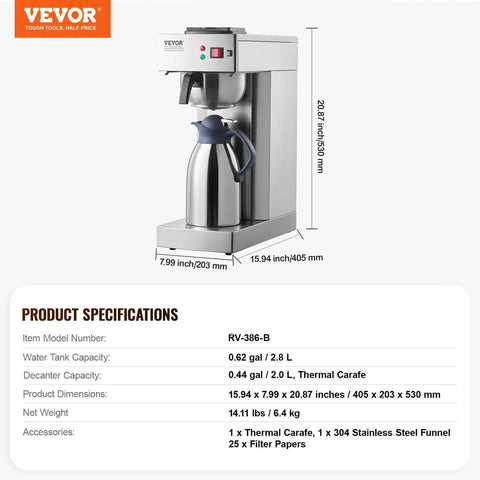 12 Cup Commercial Drip Coffee Maker With Thermal Vacuum Carafe Keeps Coffee Hot Or Cold All Day No Fuss For Restaurant Office Cafe Stainless Steel Brewer That Brews A Full Pot In About 9 Minutes shown from side view