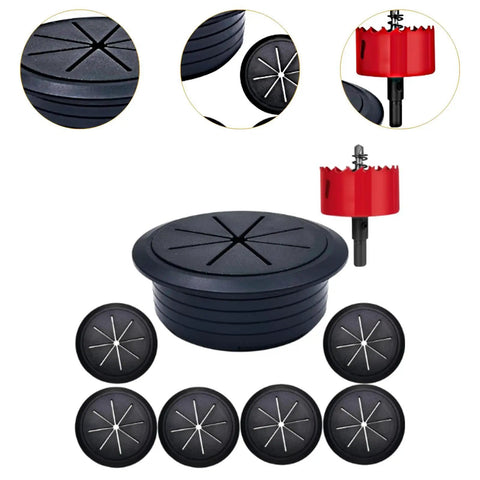 Black TV Cord Hider Kit With 2-38 Inch Cable Concealer And Grommet For Conference Tables, Easy Wire Tidy Setup To Hide Messy Cords And Keep Your Space Sleek And Super Clean Today. black PP cable grommet kit with saw tool and six round covers