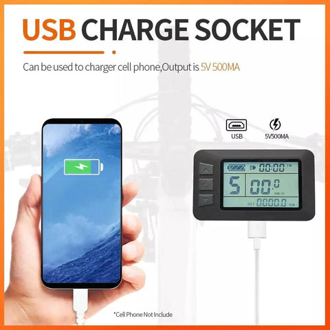 Dope Waterproof LCD Bicycle Display Meter For E Bikes With USB charge port showing connected smartphone and charging status