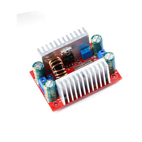 Kickass Four Pack Of 400 Watt Step Up Boost Converter Modules With Wide Adjustable Output Range And Heavy Duty 15 Amp Constant Current Regulation For Automotive And Tech Projects, featuring aluminum heat sink and capacitors.