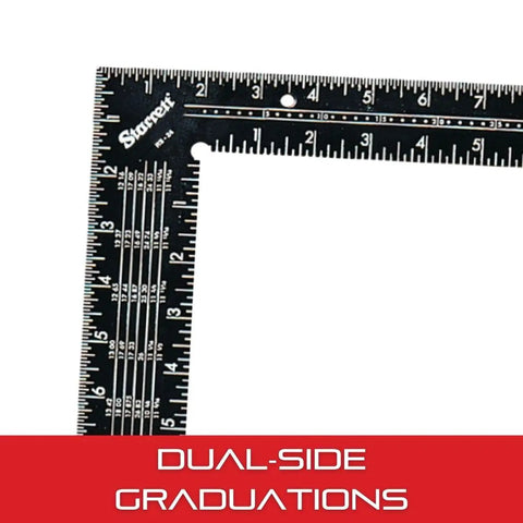 Close-up of Pro Grade L Shaped Rafter Square With Solid One Piece Construction In Tempered Steel 24 Inch Length featuring dual-side graduations