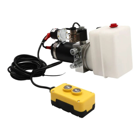 Heavy Duty 12V Electric Hydraulic Pump With Single Acting Power Source For Tipping Applications. Features Copper And Aluminum Build.