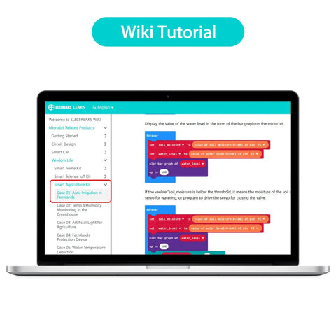 Wiki tutorial on Hands-On Microbit Smart Agriculture Kit with IoT Sensor Suite displayed on a laptop screen