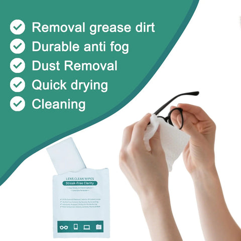 Front view of 200-count XL lens wipes for eyeglasses and screens, individually wrapped, ammonia-free, streak-free.