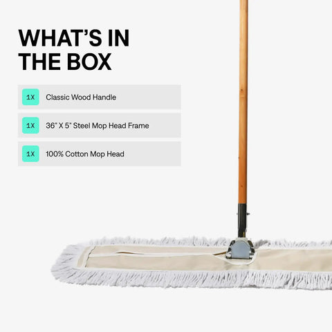 Straight Up Heavy Duty 36 Inch Commercial Dust Mop And Floor Sweeper With Thick Cotton Head And Solid Wood Handle in box.