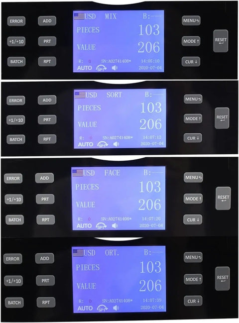 Close-up of Fast Track Auto Bill Money Counter With Serial Number Reader and LCD display showing currency sorting options.