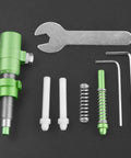 Damn Near Perfect Archery Cushion Plunger With Screw On Arrow Rest Pressure Button Click Action Aluminum Alloy For Recurve And Takedown Bow Accessories In Green parts and tools set on black background.